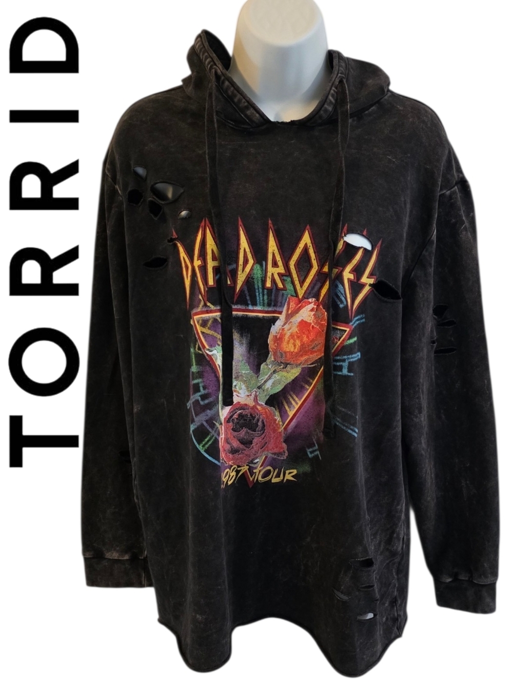 Torrid Insider Collection Dead Roses Black Mineral Wash Distressed Hoodie